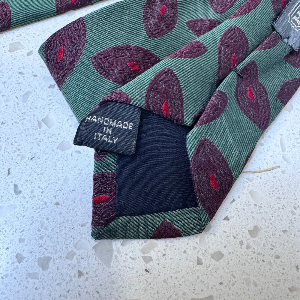 Y2K Coach Mens Silk Tie Green Burgundy Geometric Medallion Handmade in Italy